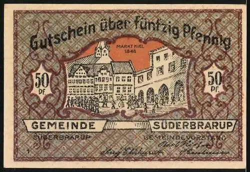 Notgeld Süderbrarup, 50 Pfennig, Zwei Löwen und Menschenmenge, Rückseite Marktplatz Kiel