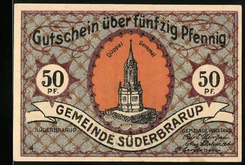 Notgeld Süderbrarup, 50 Pfennig, Denkmal und Erstürmung der Düppeler Schanzen, 1920