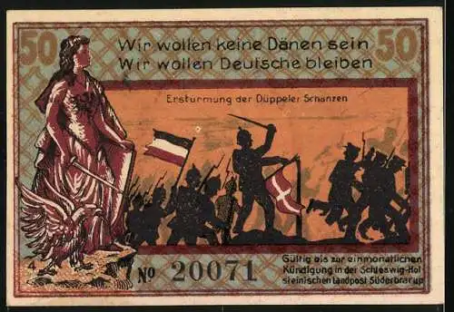 Notgeld Süderbrarup, 50 Pfennig, Denkmal und Erstürmung der Düppeler Schanzen, 1920