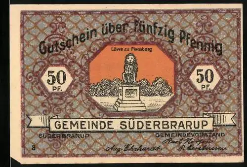 Notgeld Süderbrarup, 50 Pfennig, Löwe zu Flensburg und nationalistisches Motiv, Ausgabe 8, Nummer 20349