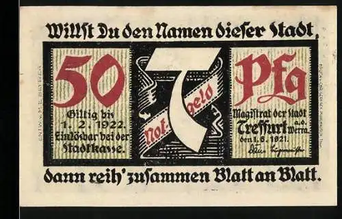 Notgeld Treffurt 1921, 50 Pfennig, Stadtansicht mit Burgruine und Stadtwappen, gültig bis 1.2.1922