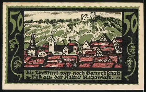 Notgeld Treffurt 1921, 50 Pfennig, Stadtansicht mit Burgruine und Stadtwappen, gültig bis 1.2.1922