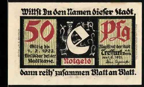 Notgeld Treffurt 1921, 50 Pfennig, Stadtwappen und Fachwerkhaus mit Inschriften