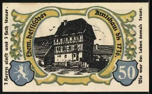 Notgeld Treffurt 1921, 50 Pfennig, Stadtwappen und Fachwerkhaus mit Inschriften