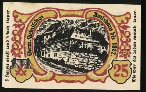 Notgeld Treffurt 1922, 25 Pfennig, mit Stadtansicht und altem Fachwerkhaus, gültig bis 1.2.1922