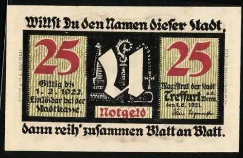 Notgeld Treffurt 1921, 25 Pfennig, Vorderseite Stadtwappen, Gebäude mit Inschrift Ehem. Kurmainzisch. Amtshaus