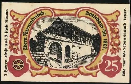 Notgeld Treffurt 1921, 25 Pfennig, Vorderseite Stadtwappen, Gebäude mit Inschrift Ehem. Kurmainzisch. Amtshaus