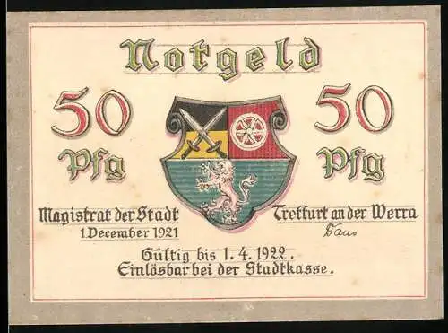 Notgeld Treffurt an der Werra 1921, 50 Pfennig, Wappen und Landschaft mit Burgruine