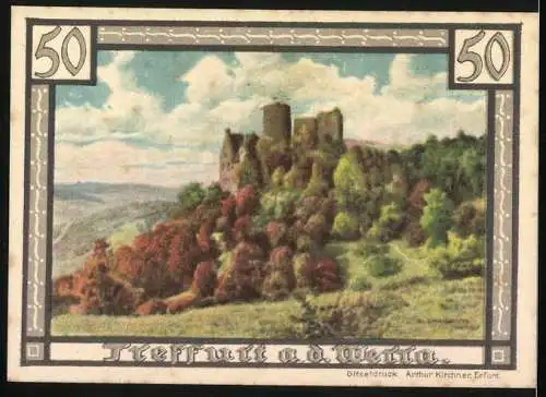 Notgeld Treffurt an der Werra 1921, 50 Pfennig, Wappen und Landschaft mit Burgruine