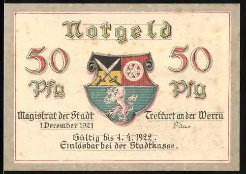 Notgeld Treffurt an der Werra, 1921, 50 Pfg, Gültig bis 1.4.1922 mit Stadtwappen und Altstadtansicht