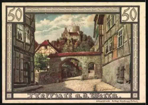 Notgeld Treffurt an der Werra, 1921, 50 Pfg, Gültig bis 1.4.1922 mit Stadtwappen und Altstadtansicht