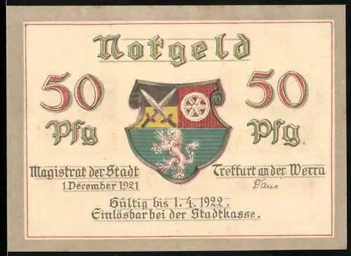 Notgeld Treffurt an der Werra 1921, 50 Pfennig, Wappen der Stadt und Stadtansicht am Fluss