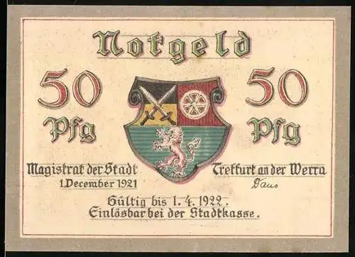 Notgeld Treffurt an der Werra 1921, 50 Pfennig, Stadtwappen und Burgruine