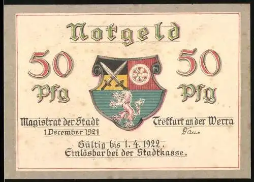 Notgeld Treffurt an der Werra, 1921, 50 Pfennig, Stadtwappen und Landschaftsansicht