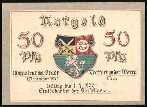 Notgeld Treffurt an der Werra 1921, 50 Pfennig, Stadtwappen und Gebäudeansicht