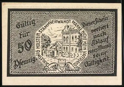 Notgeld Trittau, 1921, 50 Pfennig, Vorderseite mit Schriftzug und Unterschrift, Rückseite mit Gebäude und Spruch