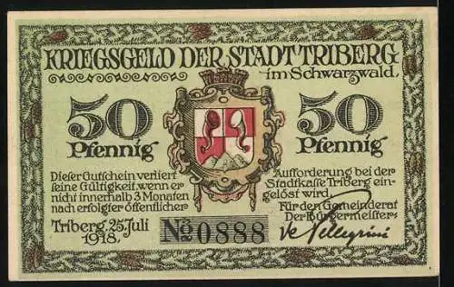 Notgeld Triberg 1918, 50 Pfennig, Kriegs-Geld der Stadt Triberg im Schwarzwald, Seriennummer 0888