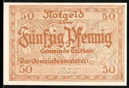 Notgeld Trittau, 50 Pfennig, braune Verzierungen und Gebäudeillustration