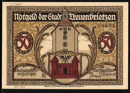 Notgeld Treuenbrietzen, 1921, 50 Pfennig, Stadttor und historische Szene mit Soldaten