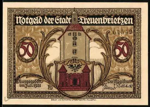 Notgeld Treuenbrietzen 1921, 50 Pfennig, Gebäude mit Wappen und historische Szene