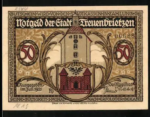 Notgeld Treuenbrietzen, 1921, 50 Pfennig, Stadtwappen und historische Szene mit Kurfürst Ludwig I