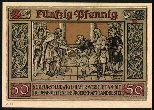 Notgeld Treuenbrietzen, 1921, 50 Pfennig, Stadtwappen und historische Szene mit Kurfürst Ludwig I