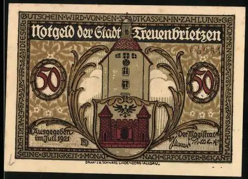 Notgeld Treuenbrietzen, Juli 1921, 50 Pfennig, Darstellung eines Turms und Stadtwappens, Rückseite mit Porträts