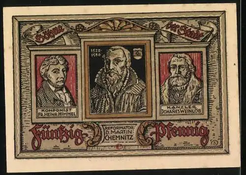 Notgeld Treuenbrietzen, Juli 1921, 50 Pfennig, Darstellung eines Turms und Stadtwappens, Rückseite mit Porträts