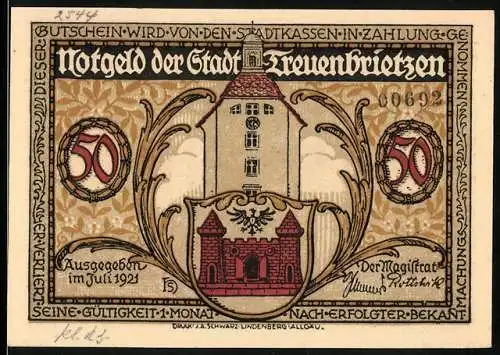 Notgeld Treuenbrietzen, 1921, 50 Pfennig, Vorderseite zeigt Stadttor und Turm, Rückseite mit Porträts