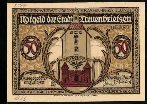 Notgeld Treuenbrietzen, 1921, 50 Pfennig, Turm und Wappen auf der Vorderseite, Blumen und Mutter Gottes von Tr