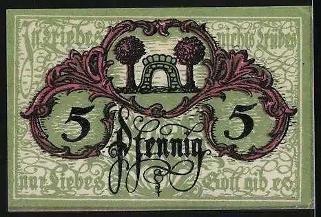 Notgeld Triebes, 1919, Fünf Pfennig, Gutschein über Fünf Pfennig mit aufwendigem Design und Siegel