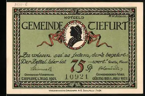 Notgeld Tiefurt 1921, 75 Pf, Herzogin Anna Amalia, Goethe-Zitat, Gültig bis 1. Juli 1922, Denkmal auf Rückseite