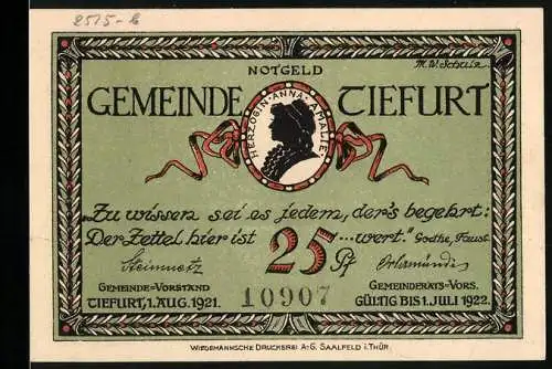 Notgeld Tiefurt, 1921, 25 Pf, Herzogin Anna Amalia mit Zitat Goethe, Gebäude mit Bäumen und Gedicht