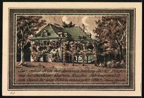 Notgeld Tiefurt, 1921, 25 Pf, Herzogin Anna Amalia mit Zitat Goethe, Gebäude mit Bäumen und Gedicht