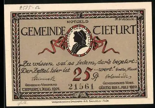 Notgeld Tiefurt 1921, 25 Pf, Goethe Zitat und Gebäudeillustration