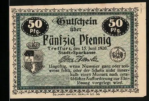 Notgeld Treffurt 1920, 50 Pfennig, Gutschein über Fünfzig Pfennig Stadt-Sparkasse mit Landschaftsansicht