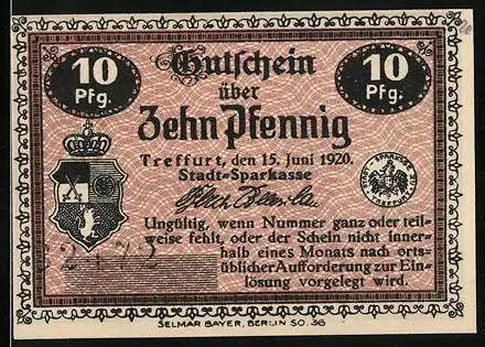 Notgeld Treffurt 1920, 10 Pfennig, Gutschein über Zehn Pfennig, Rathausabbildung, Stadt-Sparkasse, Selmar Bayer Druck