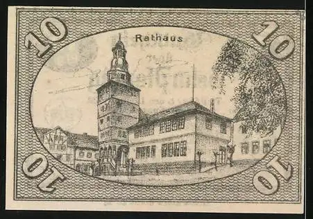 Notgeld Treffurt 1920, 10 Pfennig, Gutschein über Zehn Pfennig, Rathausabbildung, Stadt-Sparkasse, Selmar Bayer Druck