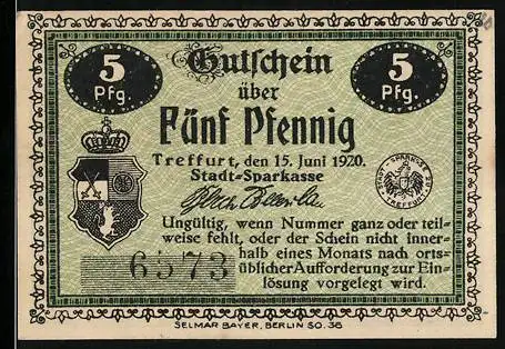 Notgeld Treffurt 1920, 5 Pfennig, Stadt-Sparkasse Gutschein mit Wappen und Burgen Normannstein und Heldrastein