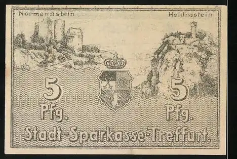 Notgeld Treffurt 1920, 5 Pfennig, Stadt-Sparkasse Gutschein mit Wappen und Burgen Normannstein und Heldrastein