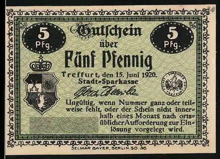 Notgeld Treffurt, 1920, 5 Pfennig, Stadt-Sparkasse Gebäude und Wappen, Normannstein und Heldrastein