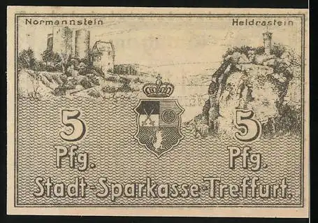 Notgeld Treffurt, 1920, 5 Pfennig, Stadt-Sparkasse Gebäude und Wappen, Normannstein und Heldrastein