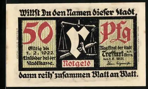 Notgeld Treffurt 1921, 50 Pfennig, Stadtwappen und Rathausabbildung