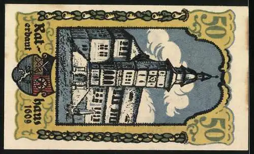 Notgeld Treffurt 1921, 50 Pfennig, Stadtwappen und Rathausabbildung