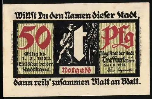 Notgeld Treffurt 1921, 50 Pfennig, Stadtansicht und Geburtshaus von Dr. Ch. Huff, Gültig bis 1.12.1922