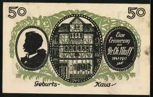 Notgeld Treffurt 1921, 50 Pfennig, Stadtansicht und Geburtshaus von Dr. Ch. Huff, Gültig bis 1.12.1922