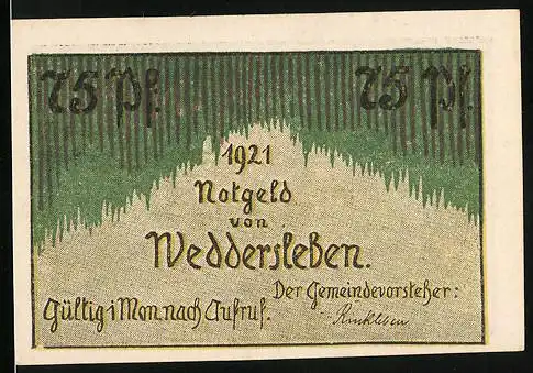 Notgeld Weddersleben, 1921, 75 Pf, Alter Taubenschlag und Textillustrationen