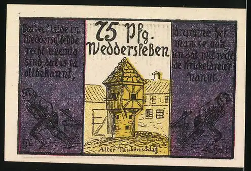 Notgeld Weddersleben, 1921, 75 Pf, Alter Taubenschlag und Textillustrationen