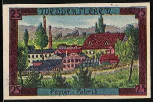 Notgeld Weddersleben, 1921, 25 Pfennig, Papierfabrik und Gemeinde-Wappen, gültig bis 1. Juli 1927