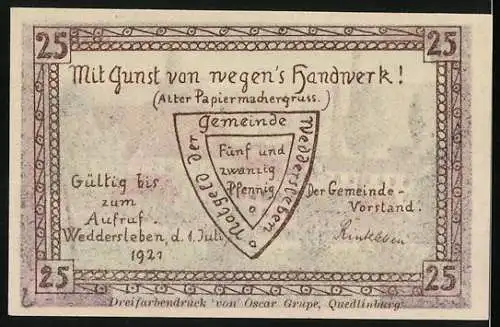 Notgeld Weddersleben, 1921, 25 Pfennig, Papierfabrik und Gemeinde-Wappen, gültig bis 1. Juli 1927